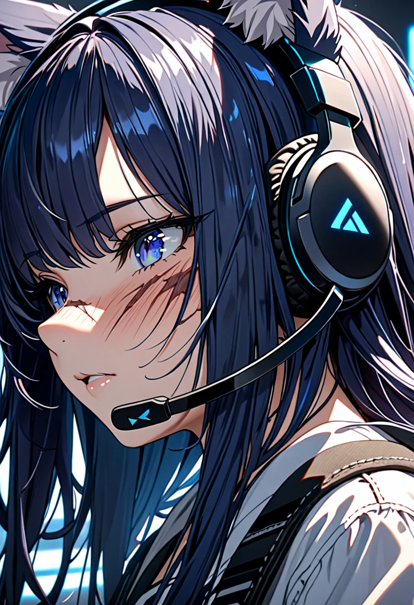 8K Ultra High-Quality, ultra-detailed, High quality, 8K Ultra High-Quality, ultra-detailed, High quality, Dark Blue hair, Long hair, Headset, cat girl, close up, face covered in scars