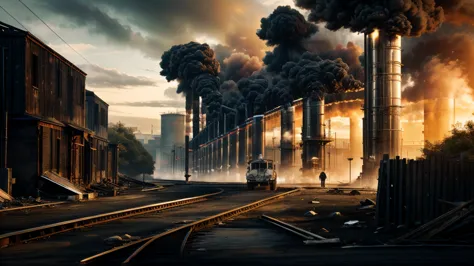 generate a realistic photograph of the industrial revolution, focusing on a scene filled with multiple factories and smokestacks...