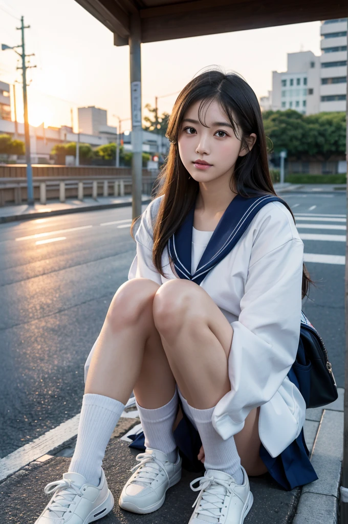 Japanese schoolgirl sitting on the ground, On the street after the rain where the setting sun shines through, sailor suit, (Spread Knees Up), (((realistic))), (((High resolution)))