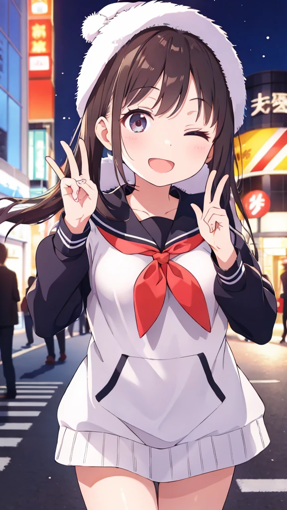 insanely detailed, absurdres, ultra-highres, ultra-detailed, best quality,
1 girl, solo, nice hands, perfect hands,
BREAK,
(one eye closed, wink:1.2),
(wearing winter school uniform),
happy smile, laugh, open mouth,
dynamic pose, cowboy shot, looking at viewer,
BREAK,
slender, kawaii, perfect symmetrical face, ultra cute girl, ultra cute face, ultra detailed eyes, ultra detailed hair, ultra cute, ultra beautiful,
by Canon EOS, SIGMA Art Lens 35mm F1.4, ISO 200 Shutter Speed 2000,
in harajuku, shibuya, tokyo, street, crowd, cityscape,
medium breasts, (cleavage:-1.5),
