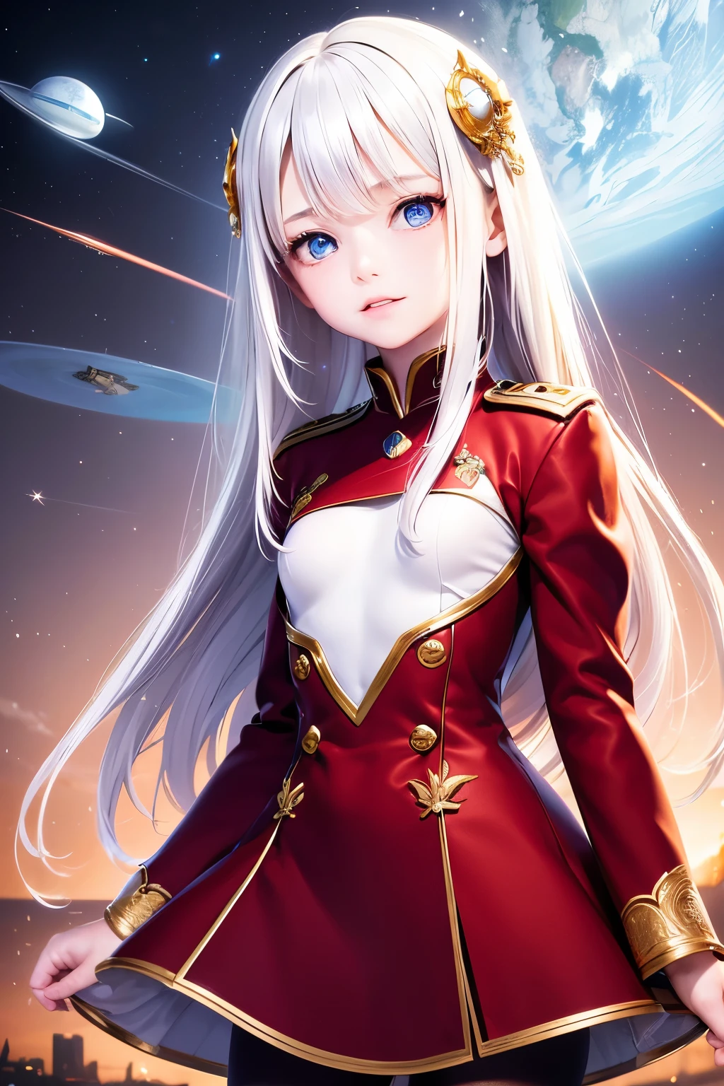 masterpiece,Highest quality,Very detailed,16 talented beautiful girls,Small breasts,White straight hair,Perfect Blue Eyes,very cute,Red military uniform,Sci-fi giant space city