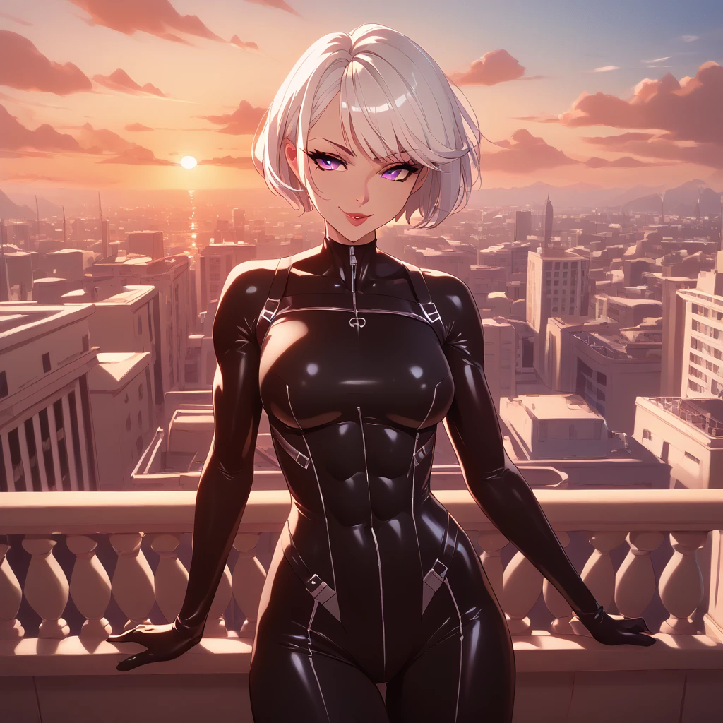 (NSFW) Detailed, best quality, 1 female, 1, cowboy shot, big tits, MHA style, black body suit, gloves, short white hair, spiky white hair, purple eyes, fully lidded eyes, puckered lips, evil eyes, wide sharp smile, stocky, very muscular, balcony, city background, beautiful sunset sky