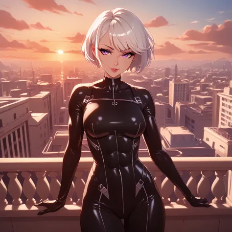 (nsfw) detailed, best quality, 1 female, 1, cowboy shot, big tits, mha style, black body suit, gloves, short white hair, spiky w...