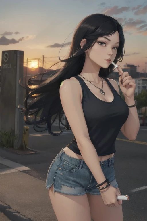 Highest quality,high resolution,２d,(Cel animation style),One woman,30 year old Asian female,(Straight long black hair),((Black tank top)),((Denim shorts)),((1 Shooting with a pistol in each hand.3)),(Skull Necklace),Black sneakers,(Beautiful face with a narrow slit 1.3)，Black wristband on left wrist,Beautiful Style,Slender body,(Large Breasts),(((Holding a cigarette))),(Sunset city background 1.3)