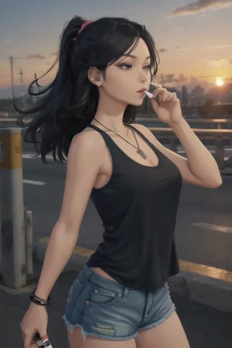 highest quality,high resolution,２d,(cel animation style),one woman,30 year old asian female,(straight long black hair),((black t...