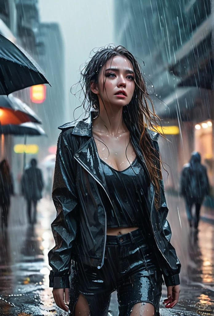 (Masterpiece at maximum 16K resolution: 1.6), (intricate details: 1.4), (extremely insane details: 1.4), (highest quality: 1.3), (hyper_realistic: 1.3 ). Woman looking at the sky, deep emotions, tears running down her face, soft raindrops, fresh vegetation, shiny wet pavement, expressive eyes, pensive expression, sadness, delicate features, long flowing hair, wet clothes, ethereal atmosphere, misty atmosphere , moody lighting, dramatic composition, subtle shadows, emotional charge, melancholic atmosphere, vibrant colors, soft color palette, rainy day aesthetic, raw beauty, moving moment, captivating composition, pain and vulnerability, contrast of beauty and sadness, drops of rain tracing eyelashes and cheeks, loneliness in the crowd, defining moment in your life, hope lingering in your eyes. , (((More_Details))).