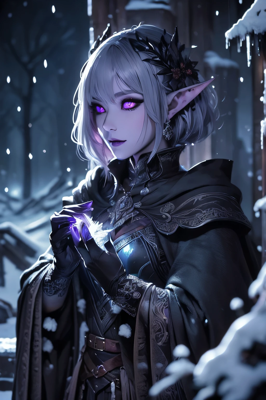 (Ultra-detailed face, looking away, Fantasy Illustration with Gothic, Ukiyo-e, Comic Art, Rich colors), 
BREAK 
(A female dark elf ranger is being attacked by multiple ice skeleton warriors in the midst of a heavy snowfall. She lowers herself with a shortsword, both hands glowing blue-white with cold-enhancing magic, and turns around and side-swipes the ice skeleton warriors with her sword.), 
BREAK 
(This is the extreme cold of the north. The trees in the forest have turned to ice, the starlust is falling, and the air is so cold that it glistens. Snow continues to fall and fresh snow piles high in the air.), 
BREAK 
(DarkElves: A middle-aged dark elf woman with silver color hair, blunt bangs, bob cut and dark purple color skin, lavender color eyes.), 
BREAK 
(DarkElves: A female dark elf ranger wears a full plate of mithril with runic reliefs and a short green cape.)