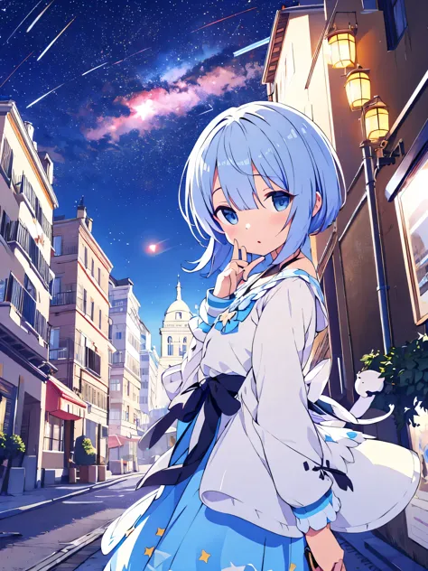 rem de re:zero、light blue fur、shortcut, say, casual clothes, gray plaid dress、cast a spell on the stars in the middle of the cit...