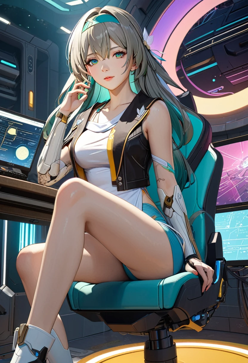 ((masterpiece, Highest quality, Extremely detailed CG, unity 8k wallpaper )),(masterpiece, Highest quality, Highest quality, Official Art, beautiful,aesthetic:1.2)Cyborg Girl, Sitting in a machine chair, The tube is stretched, cyber punk, Cracked skin,Colorful light,neon,headphone,Prosthetic arm,sf,Clean and spacious laboratory,firefly \(honkai: star rail\),1girl,独奏,jacket,headband,Swimwear