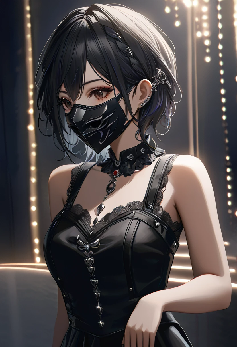 Highest quality、8k、masterpiece：1.3、Gothic Punk、The inside color is red、Black-haired、hair ornaments、Beautiful girl、creative、Dark Fantasy Style、Goth Fashion：1.2、Fine skin、Sharp focus、(Cinematic lighting)、Realistic textured hair、((Black Mask)),Whole Body Ezbian、