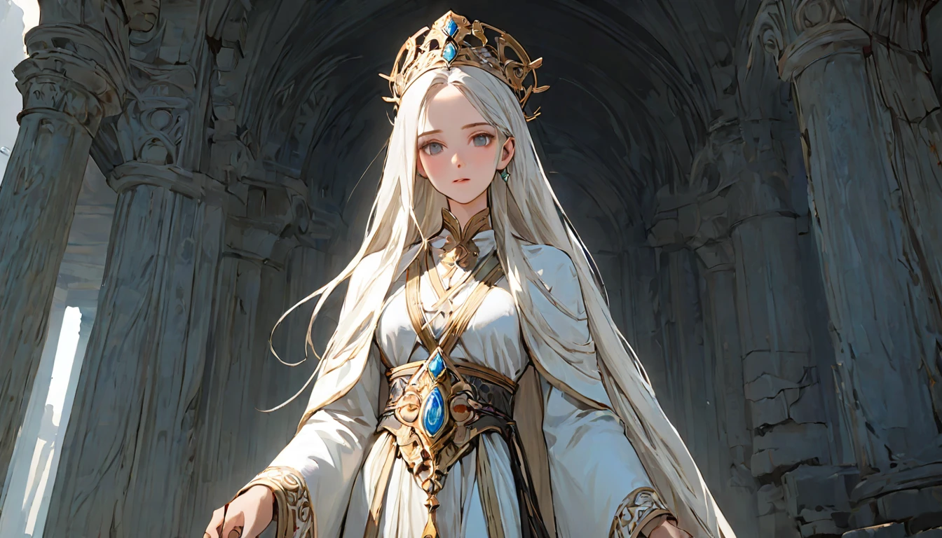 An ancient priestess woman wearing white cloths,full body, Game Art Style, (masterpiece), highest quality, High resolution, 4k, 8K, Detail view, intricate details, cinematic lighting, amazing quality, Long white hair, grey eyes, great shading, soft lighting, Face-to-face camera, perfect eyes,ancient ruins