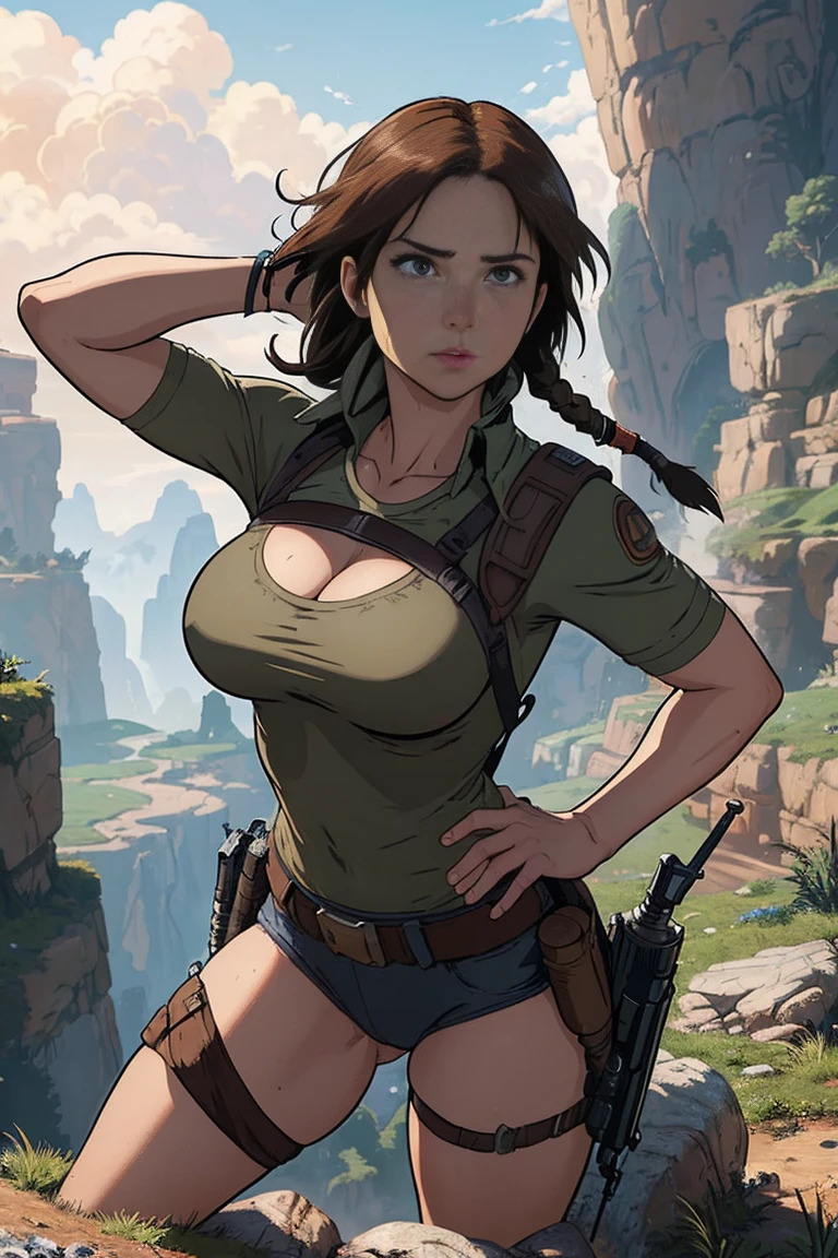 (masterpiece, best quality;1.3), extremely detailed picture, ultra detailed, lara croft, valley of the wind in the background, hayao miyazaki,1girl, solo,  comics, bust shot,, looking at viewer,