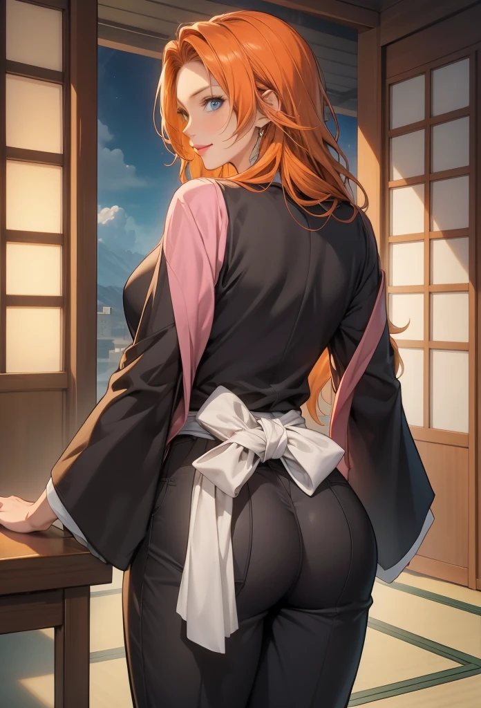 perfect eyes:1.2, detailed eyes:1.4, smile, matsumoto rangiku, haori, long hair, orange hair, blue eyes, mole under mouth, black robes, black kimono, japanese clothes, pink scarf, white sash, black hakama pants, cowboy shot, 1girl, solo, (masterpiece:1.6, best quality), 8k, insane details, intricate details, hyperdetailed, hyper quality, high detail, ultra detailed, professional, HDR, ray tracing reflection, cinematic lighting,
