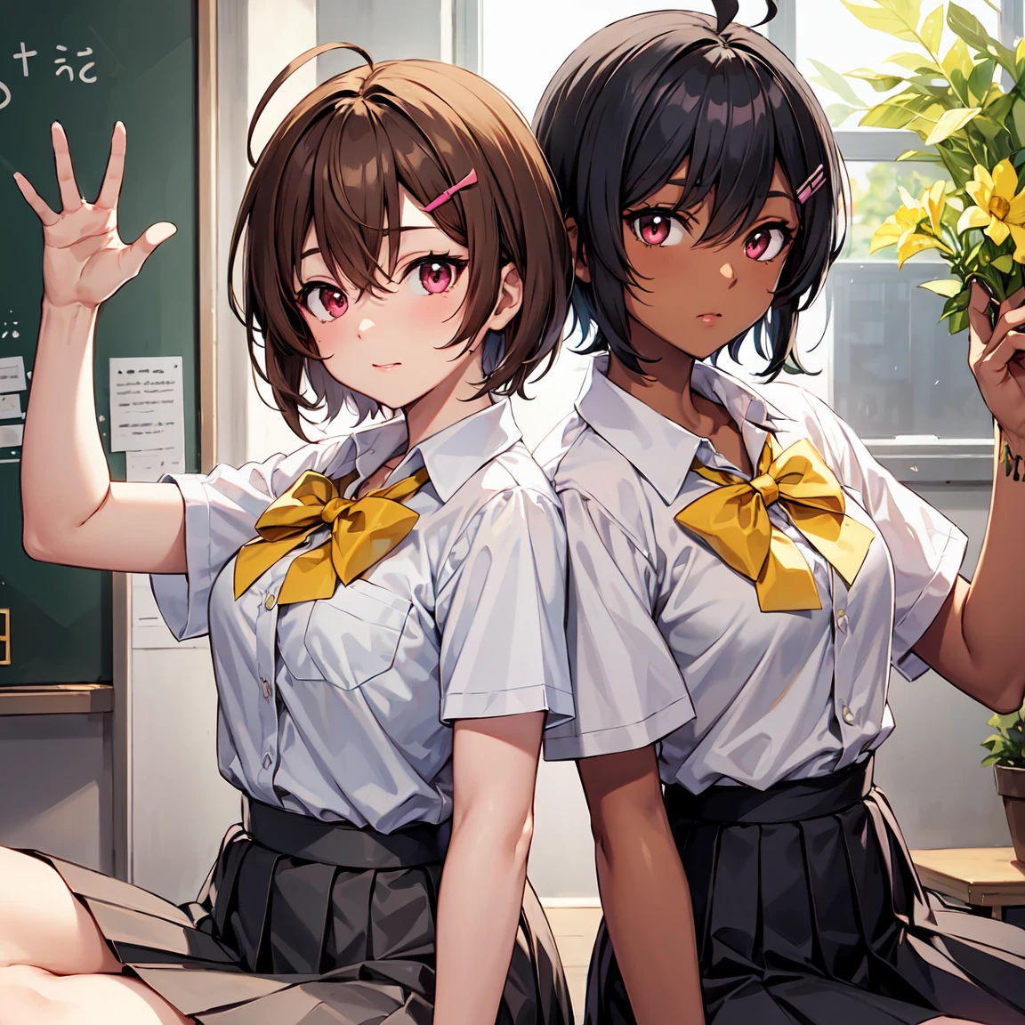 lemon yakishio, short hair, brown hair, ahoge, pink eyes, hair clip, hair between eyes, dark skin, dark-skinned female
skirt, shirt, bow, school uniform, white shirt, short sleeves, pleated skirt, bowtie, yellow bow, grey skirt, yellow bowtie, green bow, green bowtie,