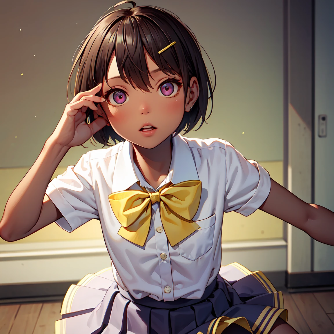 lemon yakishio, short hair, brown hair, ahoge, pink eyes, hair clip, hair between eyes, dark skin, dark-skinned female
skirt, shirt, bow, school uniform, white shirt, short sleeves, pleated skirt, bowtie, yellow bow, grey skirt, yellow bowtie, green bow, green bowtie,