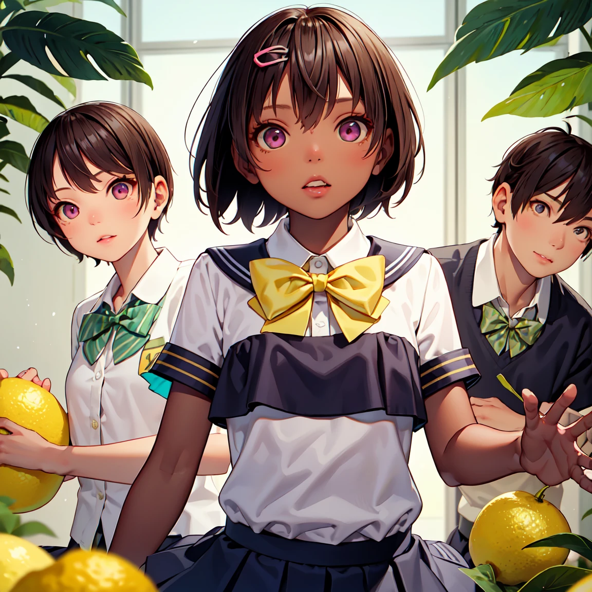 lemon yakishio, short hair, brown hair, ahoge, pink eyes, hair clip, hair between eyes, dark skin, dark-skinned female
skirt, shirt, bow, school uniform, white shirt, short sleeves, pleated skirt, bowtie, yellow bow, grey skirt, yellow bowtie, green bow, green bowtie,