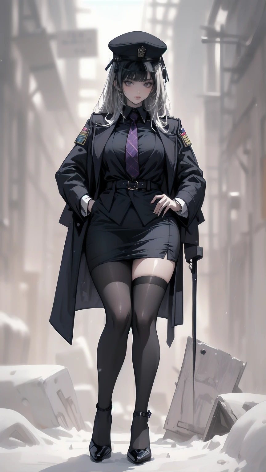 Mature beautiful woman,(Highest quality,Extremely detailed depiction,Incredible high resolution,Anatomically accurate depiction,Curvy Legs,Glowing Skin,Porcelain-like skin,Perfect body),(Sexy Female Soldier,uniform,Pencil Skirt,High heels,black tights,Hats for the winter,latex,Heavy coat,Winter Gear),eyelash,Flashy makeup,eye shadow,Intense glowing purple eyes,Half a point.4,Large Breasts,Glossy pink lips,Shadowed face,Captivating smile,whole body:1.2,(background:Snowfield:1.3),Snow Scene,that&#39;it&#39;s snowing,Side view:1.3
