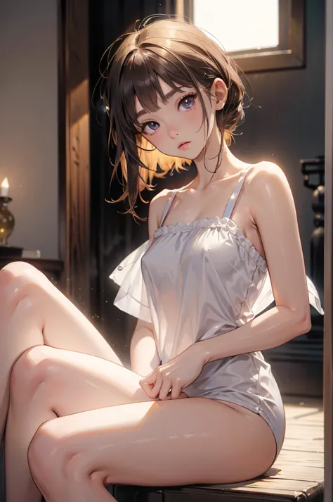 naked and wearing only a white camisole、camisole with shoulder straps、no underwear on、((small bust))、raw butt、bare legs、sitting