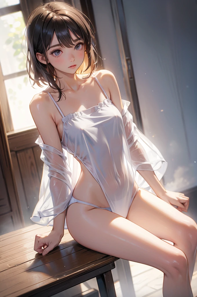 Naked and wearing only a white camisole、Camisole with shoulder straps、No underwear on、((Small Bust))、Raw butt、Bare legs、Sitting、((White panties))