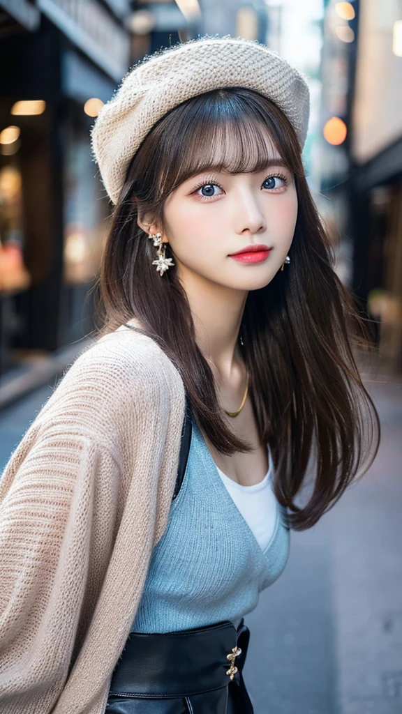 （３２hair,High resolution,Attention to detail,High resolution,high density,alone,In addition：1.3）,（A realistic person々,Live Action,fine grain,High resolutionの目,Beautiful Eyes,Eyes that look alive,Beautiful dark blue eyes,Fishing eyes,Detailed lips,Translucent white skin,Realistic face in every detail：1.3）,（Japanese Ido,hairorean Idols,Japanese Model,hairorean models,hairorean hair-Pop Female Idols：1.2）,（blush,Natural Makeup,necklace,Earrings,へそEarrings：1.4）（Shorts、Oversized mesh cardigan、Leather boots,hairnitted hats,Mode Style, Beautiful casual look：1.6）,（Shapely breasts：1.5）,（Young but very beautiful hairorean１ ,Laugh a little,turn around,looked back,Looking into the camera,Fashion Leader,Fashion Model,Soft Skin,Unforgettable Eyes,Her eyes are so beautiful,I want to go to the Paris Collection.........,Cutting-edge fashion：1.6、Left eye is red、Right eye blue、Face close-up