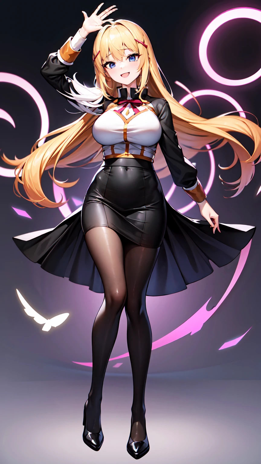 （（super high quality,））（（Ultra-high resolution,））（16K,）（super masterpiece,）（（Ultra HD ,））（Detailed shading,）One sexy woman,Black shirt,Long sleeve,Black tight skirt,Purple Stockings,smile,