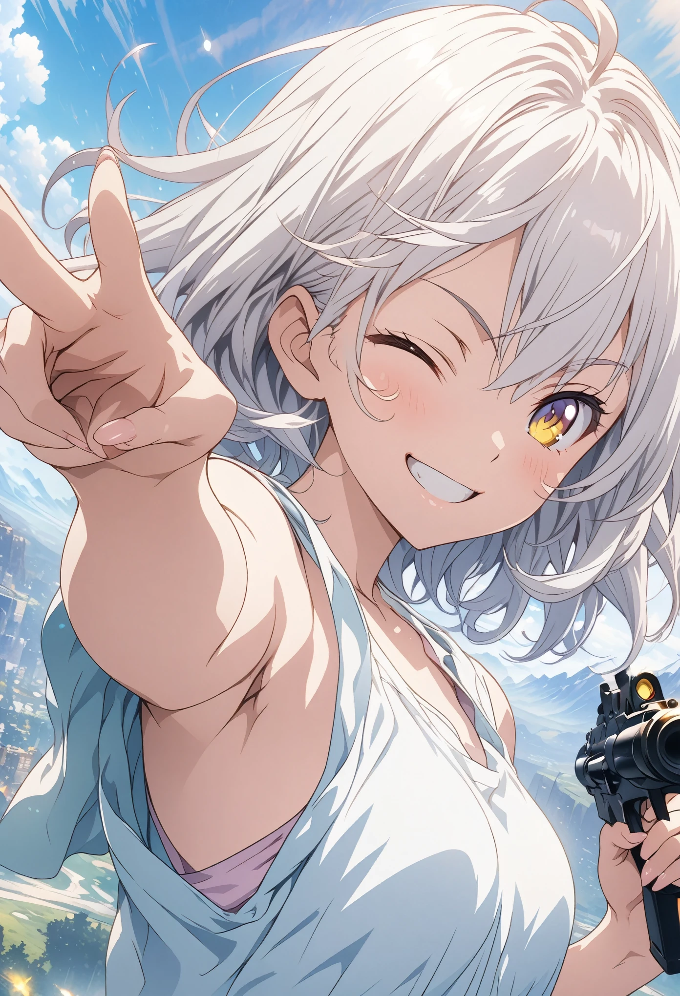 masterpiece, Highest quality, Highly detailed CG Unity 8k wallpaper, High School Girl Anime Illustration. Wear an oversized tank top、Pointing a gun pose、she has her eyes closed and mouth open, smile. The background is a light pastel colored landscape..., white hair color, Yellow Eyes