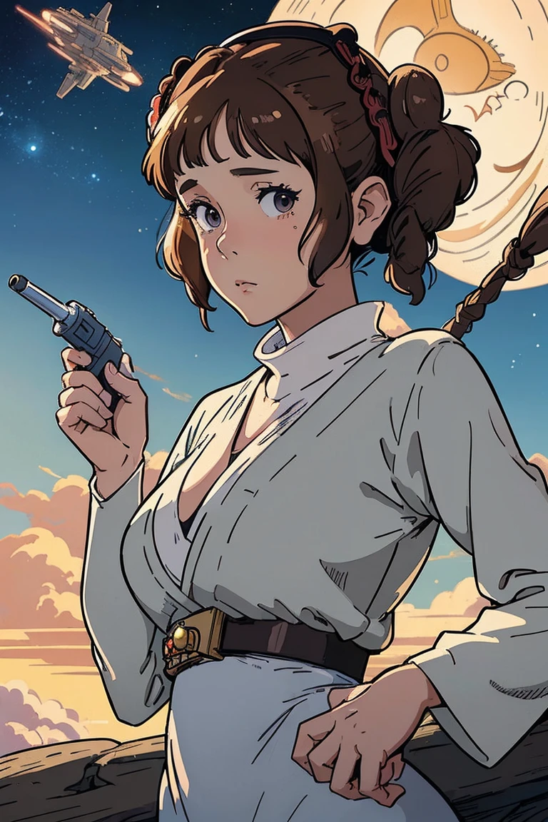 (masterpiece, best quality;1.3), extremely detailed picture, ultra detailed, princess leia, valley of the wind in the background, hayao miyazaki,1girl, solo,  comics, bust shot,, looking at viewer,