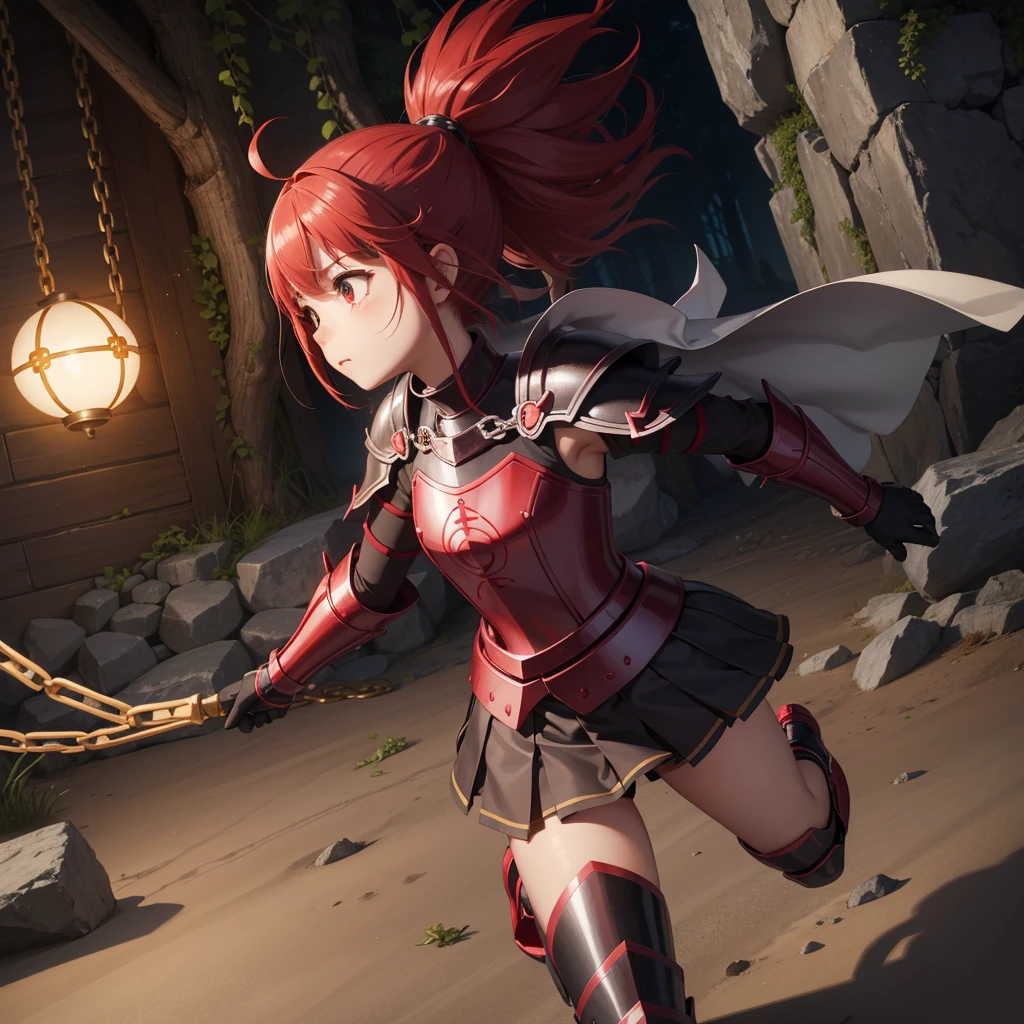 最high quality、high quality、Simple Cloth Armor、１０Year-old girl adventurer、Equipped with a weapon that has a short chain at the end of a stick and a spiked iron ball at the end of the chain、In a dark maze、Red armor