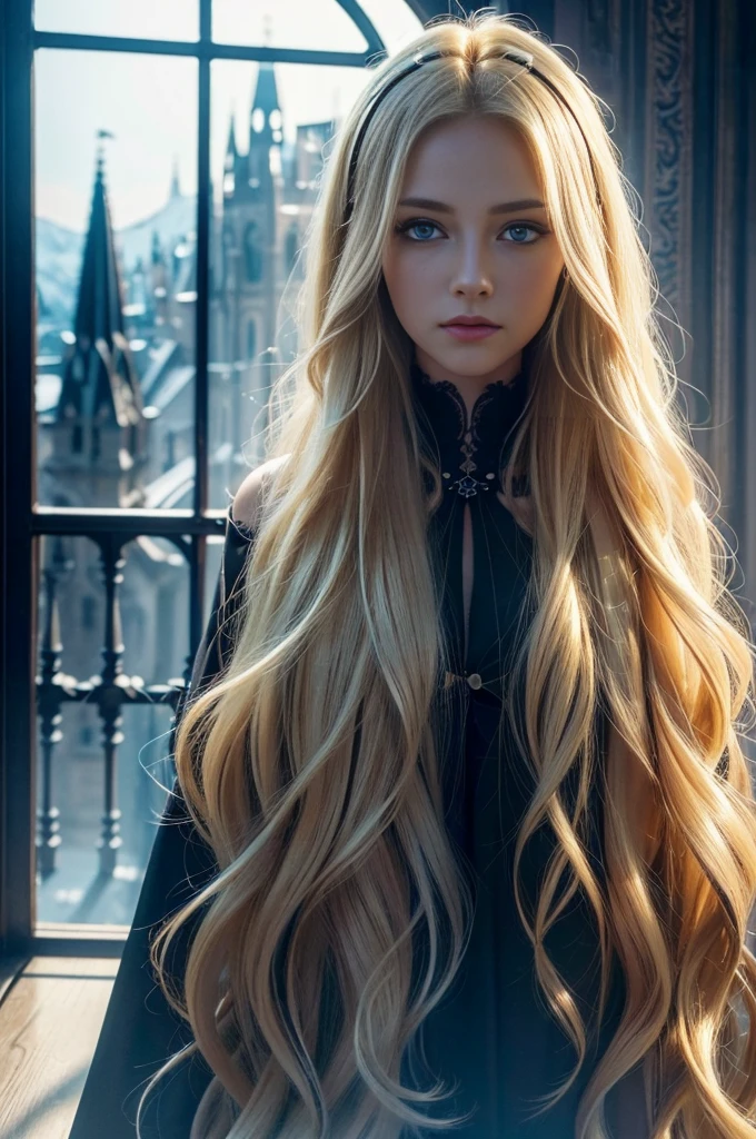 (Highly detailed CG Unity 8K wallpaper,pieces fly, highest quality, Super detailed),(best illumination, best shadow, very delicate and beautiful),fluffy,high color saturation,blonde hair+eyes are blue:1.2,Dark Gothic landscape, long hair, Gaze into the distance. (Beautiful girl with long blonde hair and shining gothic lighting with blue eyes)、cheek gloss highlight
