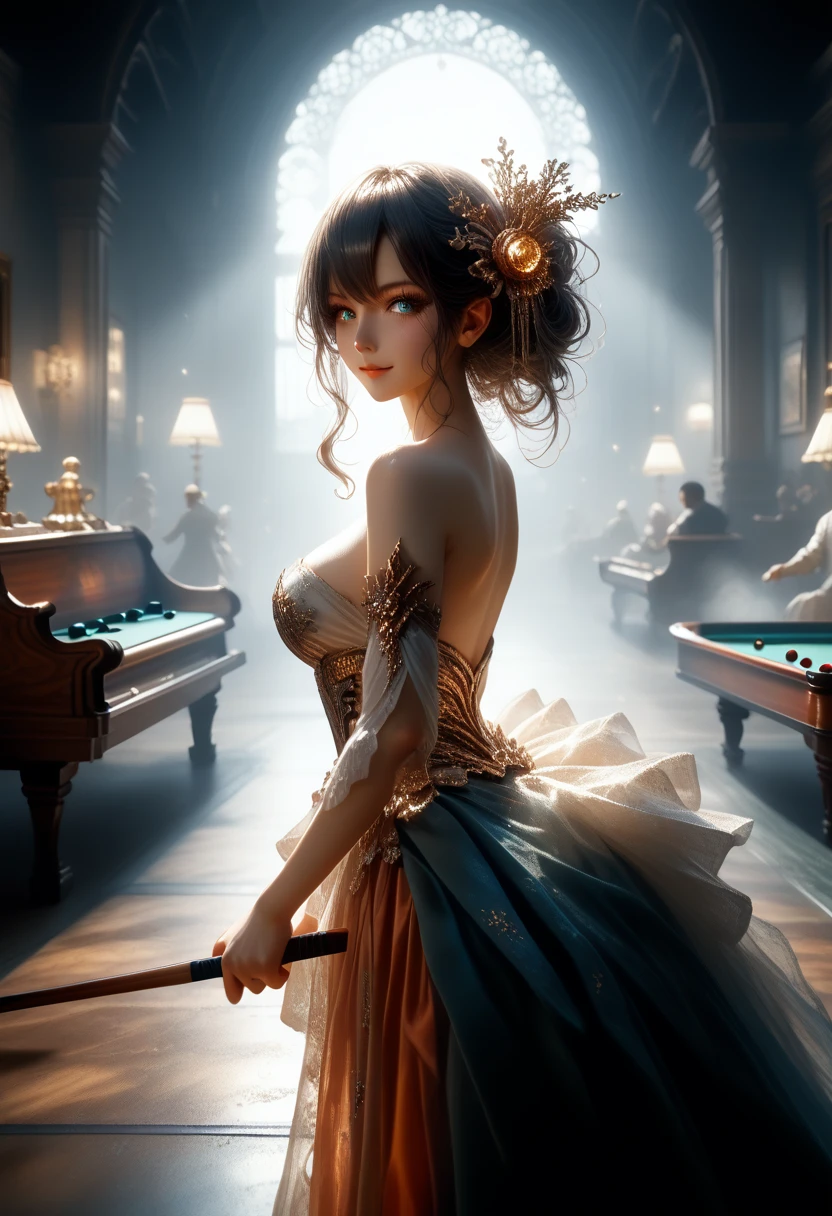 anime girl, sexy, beautiful, light makeup, Larger Than Average Breasts, Dressed in a Beautiful Sarafan, decorations, sparkles, smiling, Hairstyle Voluminous, Very sexy figure, Stands in the Billiard Club, Around People, They look at her, light of lamps, dynamic shadows, bright colors, Clear drawing of details, A game of shadows, masterpiece, sparkles и Блеск присутствует на красивых Туфлях и платье,score_9,score_8_up,score_7_up,dramatic lighting,highly detailed,high budget,bokeh,cinemascope,moody,epic,gorgeous,film grain,grainy,masterpiece,best quality,perfect anatomy,very aesthetic,official art,8k,