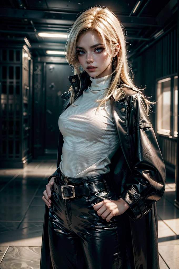 cowboy shot,a pretty 2 girl,blond hair,blue eyes,lora_Emma,slim athletic body,tight and stretched white blouse with buttons,button gap,short sleeves,ultra low rise black shiny latex pants,(double metal belt),empty studiobackground,((black coat on shoulders)),(best quality,4k,8k,highres,masterpiece:1.2),ultra-detailed,(realistic,photorealistic,photo-realistic:1.37),dramatic lighting,cinematic,fashion photography,studio lighting,high contrast,vivid colors,beautiful detailed eyes,beautiful detailed lips,extremely detailed eyes and face,long eyelashes, touching hair