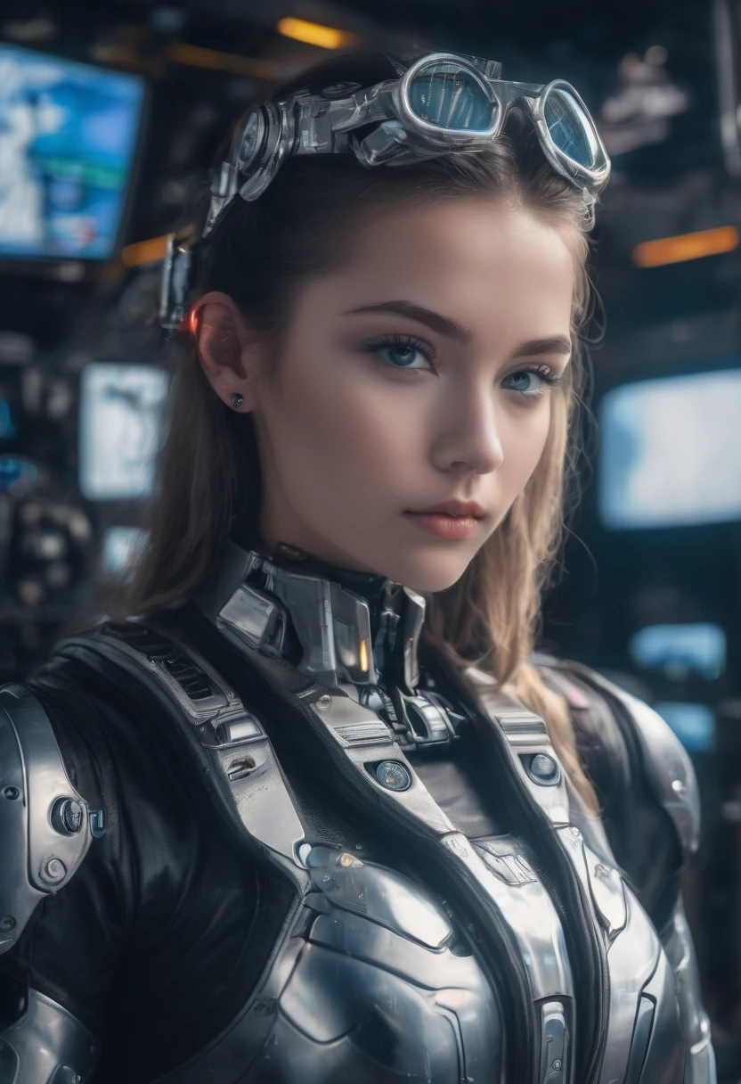 high resolution, masterpiece, best quality, highly detailed CG, realistic photo, stunningly detailed, glossy and shiny, wonderful multiple layers, 8k wallpaper, 3D, young woman in cockpit of a giant robot, wearing a leather bodysuit, digital metal punk style, futuristic interface, glowing control panel with buttons and screens, sharp gaze, surrounded by high-tech equipment, dark fashion, tension, style, in a futuristic world