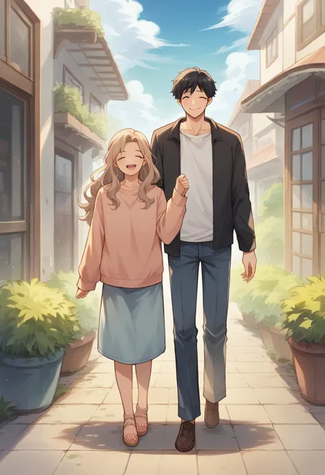 masterpiece, anime, best quality, 2others, couple, mature, adult, height difference, different fashion, different color, casual ...