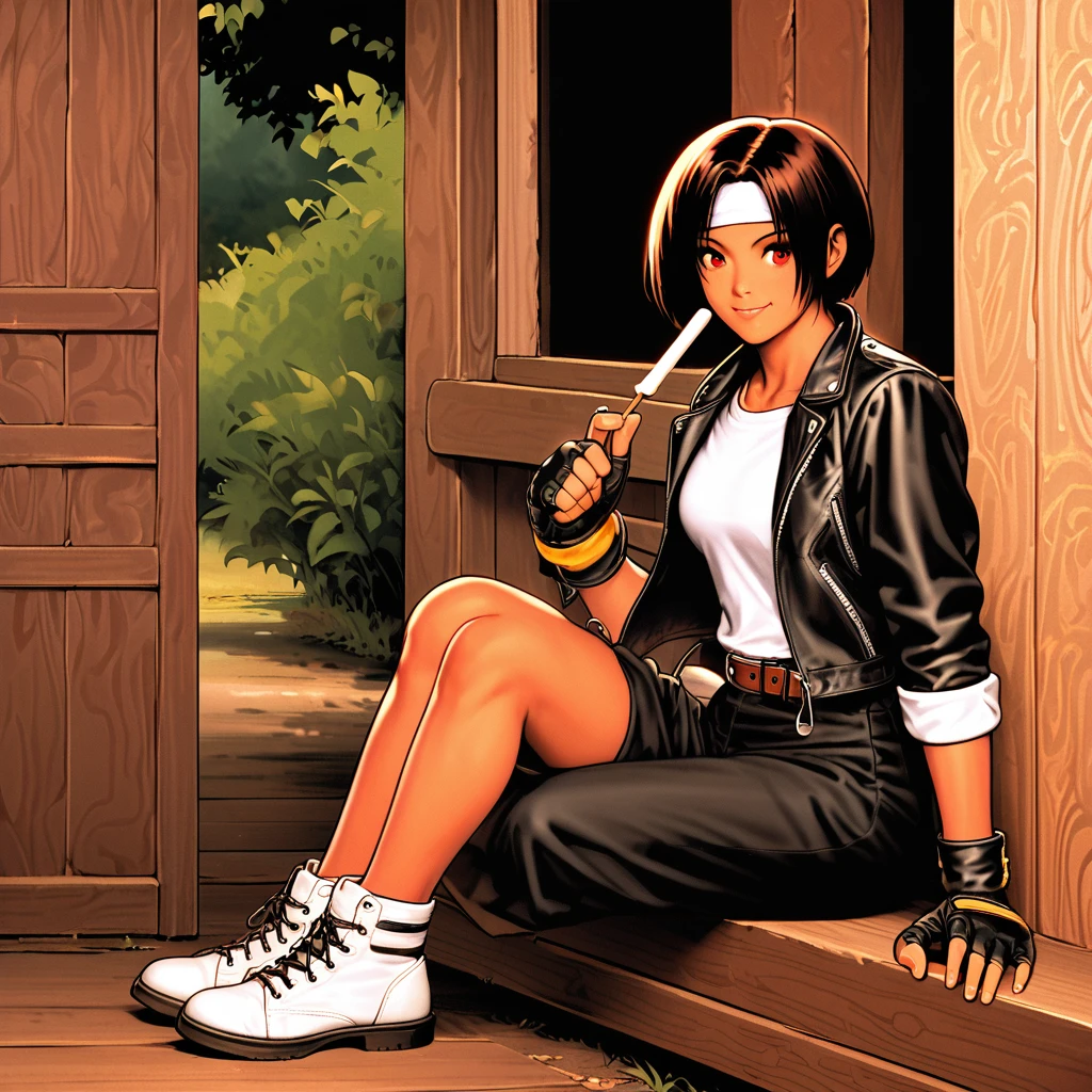 Alone,Female,Sitting on porch,eating with popsicle and looking at viewer,short hair,black hair,best lighting,dark skin,red eyes,((black leather jacket with rolled up arms)),fingerless gloves,white T-shirt, ((white headband)),black long pants,white shoes,brown belt,cute detailed background,charm points,Japanese countryside,slightly bigger chest,outdoors,high quality,good looking,confident smile. Fun Atmosphere