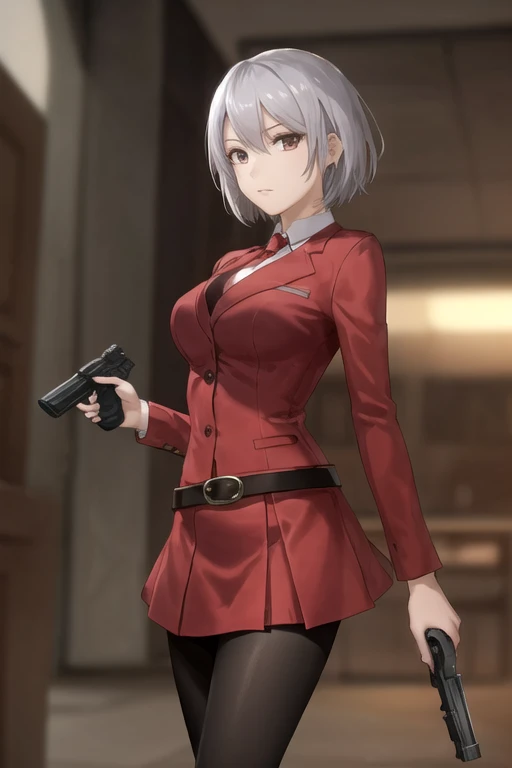 Highest quality、Ultra HD、Vivid colors、One Woman、(Silver short hair)、(Red Blazer 1.3)、(Red tie)、(shirt)、(Red Heels 1.1)、((Red Mini Tight Skirt))、((Black Tights 1.2))、((1 holding a gun in both hands.5))、stylish、Beautiful Face、(Black Belt 1.2)、2 female、Glamorous Body、(Sunset slum background 1.2)、((Clear and beautiful touch))