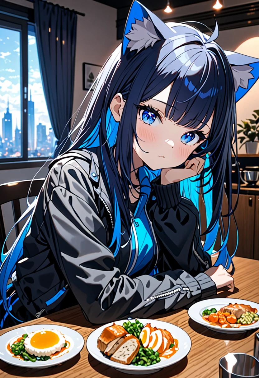 8K Ultra High-Quality, ultra-detailed, High quality, 2, Dark Blue hair, Neon Blue Inner layer hair, Long hair, Cat ears, calm expression, jacket, full body, dining table