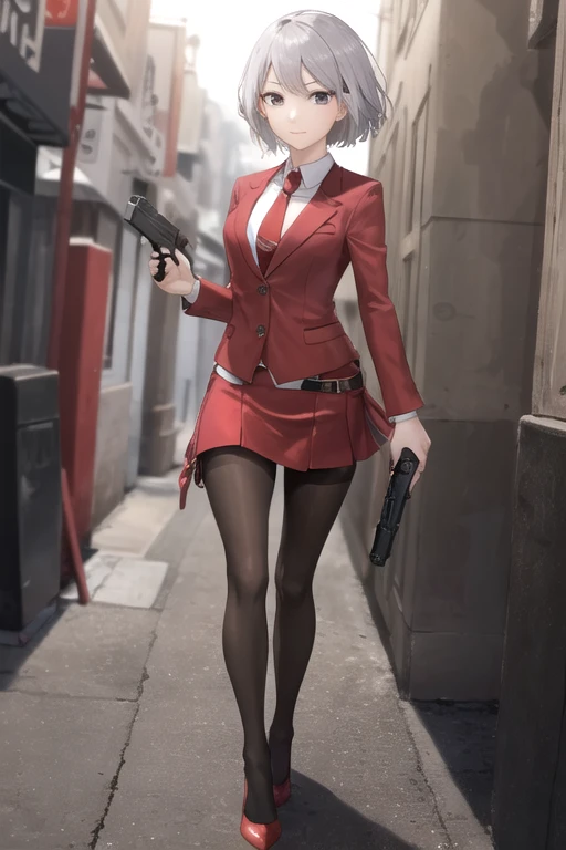 Highest quality、Ultra HD、Vivid colors、One Woman、(Silver short hair)、(Red Blazer 1.3)、(Red tie)、(shirt)、(Red Heels 1.1)、((Red Mini Tight Skirt))、((Black Tights 1.2))、((1 holding a gun in both hands.5))、stylish、Beautiful Face、(Black Belt 1.2)、2 female、Glamorous Body、(Sunset slum background 1.2)、((Clear and beautiful touch))