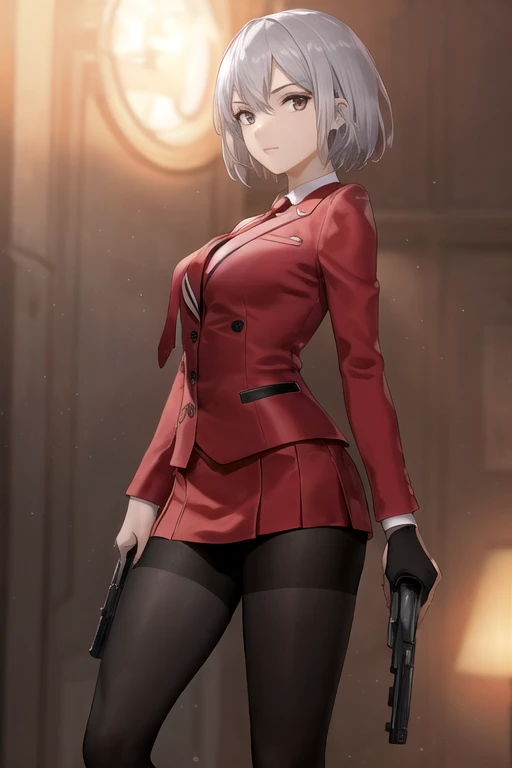 Highest quality、Ultra HD、Vivid colors、One Woman、(Silver short hair)、(Red Blazer 1.3)、(Red tie)、(shirt)、(Red Heels 1.1)、((Red Mini Tight Skirt))、((Black Tights 1.2))、((1 holding a gun in both hands.5))、stylish、Beautiful Face、(Black Belt 1.2)、2 female、Glamorous Body、(Sunset slum background 1.2)、((Clear and beautiful touch))