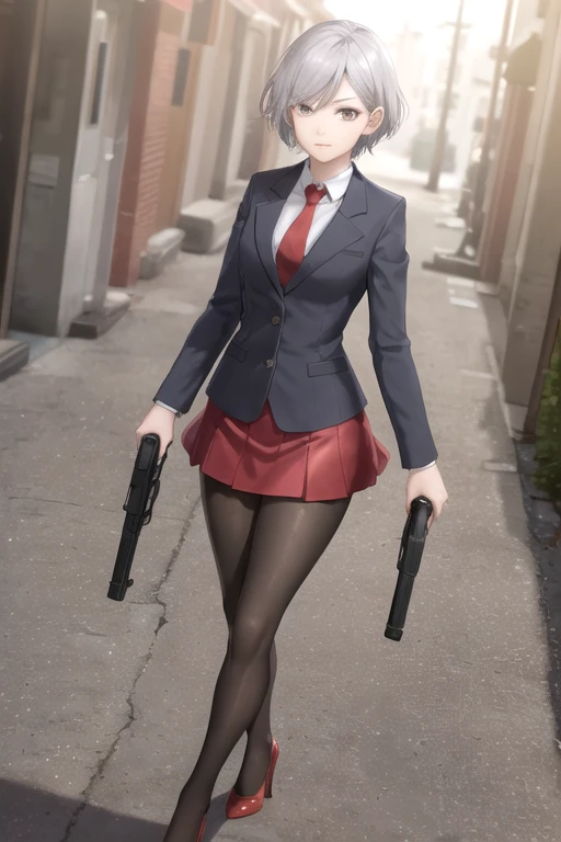 Highest quality、Ultra HD、Vivid colors、One Woman、(Silver short hair)、(Red Blazer 1.3)、(Red tie)、(shirt)、(Red Heels 1.1)、((Red Mini Tight Skirt))、((Black Tights 1.2))、((1 holding a gun in both hands.5))、stylish、Beautiful Face、(Black Belt 1.2)、2 female、Glamorous Body、(Sunset slum background 1.2)、((Clear and beautiful touch))