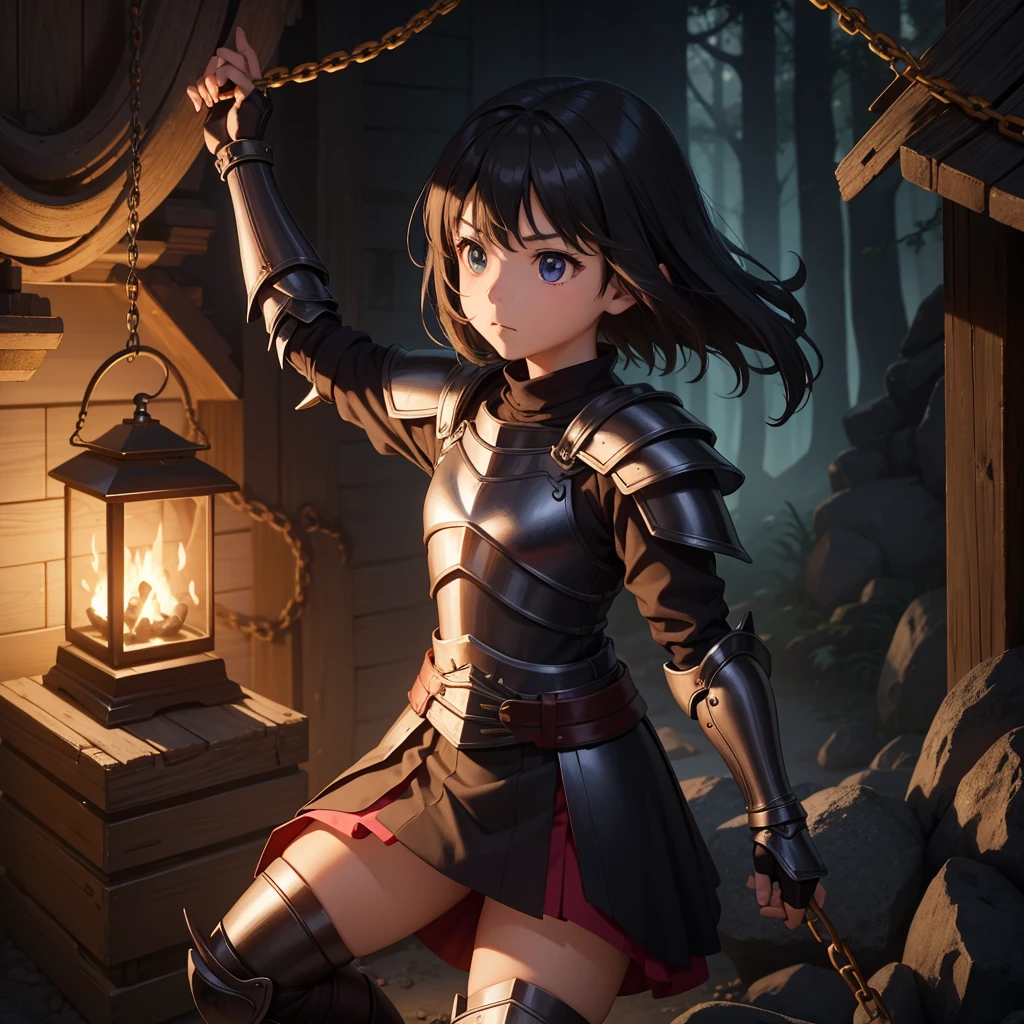 最high quality、high quality、Simple Cloth Armor、１０Year-old girl adventurer、Equipped with a weapon that has a short chain at the end of a stick and a spiked iron ball at the end of the chain、In a dark maze、Wooden Armor