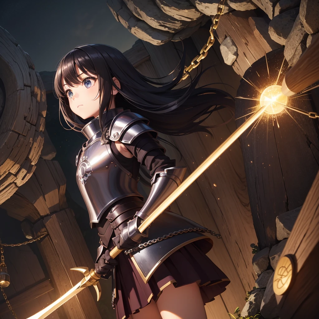 最high quality、high quality、Simple Cloth Armor、１０Year-old girl adventurer、Equipped with a weapon that has a short chain at the end of a stick and a spiked iron ball at the end of the chain、In a dark maze、Wooden Armor