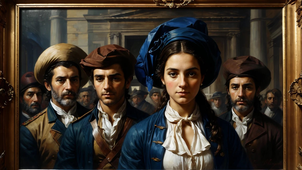 Focus on refining the faces and expressions of the people in the painting, ensuring they convey determination and passion. The protest signs and French flags should be clearly visible, with historical accuracy in the clothing and surroundings. The painting should be free of imperfections, with a composition that captures the spirit and intensity of the French Revolution