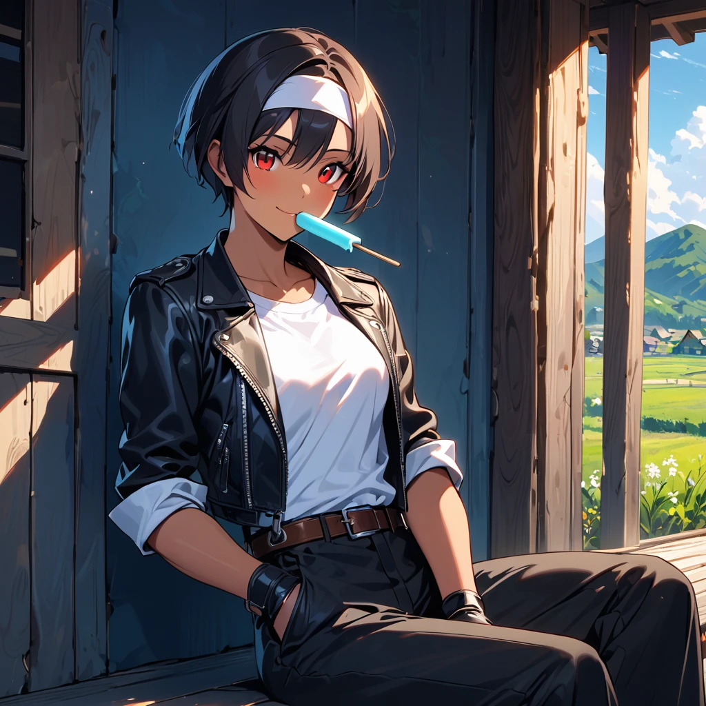 Alone,Female,Sitting on porch,eating with popsicle and looking at viewer,short hair,black hair,best lighting,dark skin,red eyes,((black leather jacket with rolled up arms)),fingerless gloves,white T-shirt, ((white headband)),black long pants,white shoes,brown belt,cute detailed background,charm points,Japanese countryside,slightly bigger chest,outdoors,high quality,good looking,confident smile. Fun Atmosphere