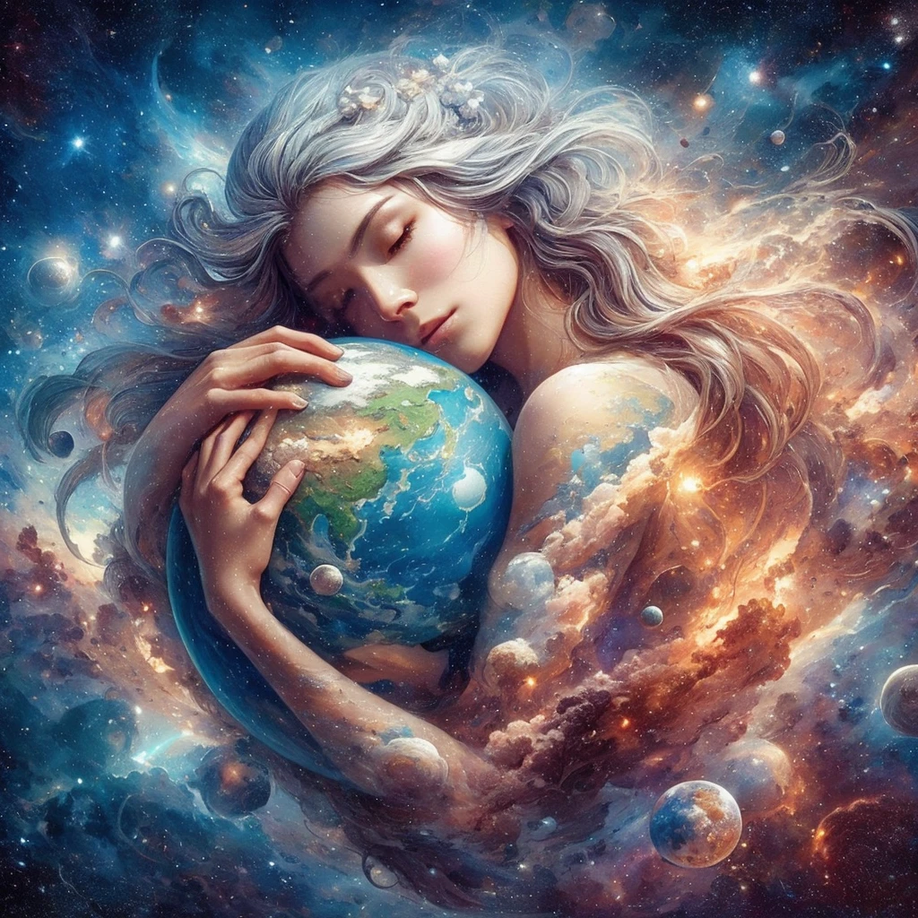 masterpiece、Highest quality、Highest quality、Detailed Description、beautiful、art、Watercolor、Epic、壮大なuniverse、母なるuniverseに抱かれる地球、母なるuniverse、Milky Way、Woman holding the earth、A woman in white clothes holds the earth、壮大なuniverse、universe、4K Graphics