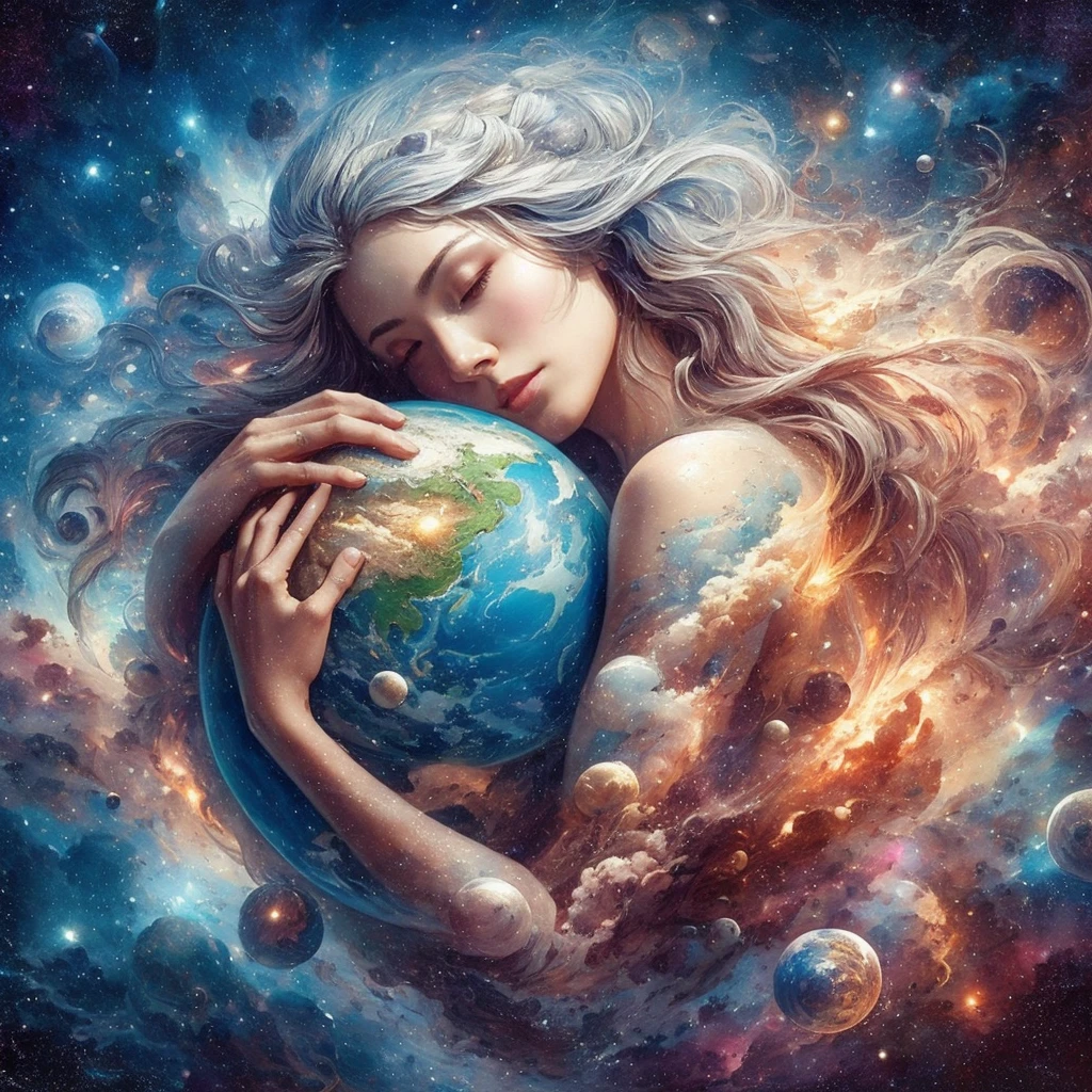 masterpiece、Highest quality、Highest quality、Detailed Description、beautiful、art、Watercolor、Epic、壮大なuniverse、母なるuniverseに抱かれる地球、母なるuniverse、Milky Way、Woman holding the earth、A woman in white clothes holds the earth、壮大なuniverse、universe、4K Graphics