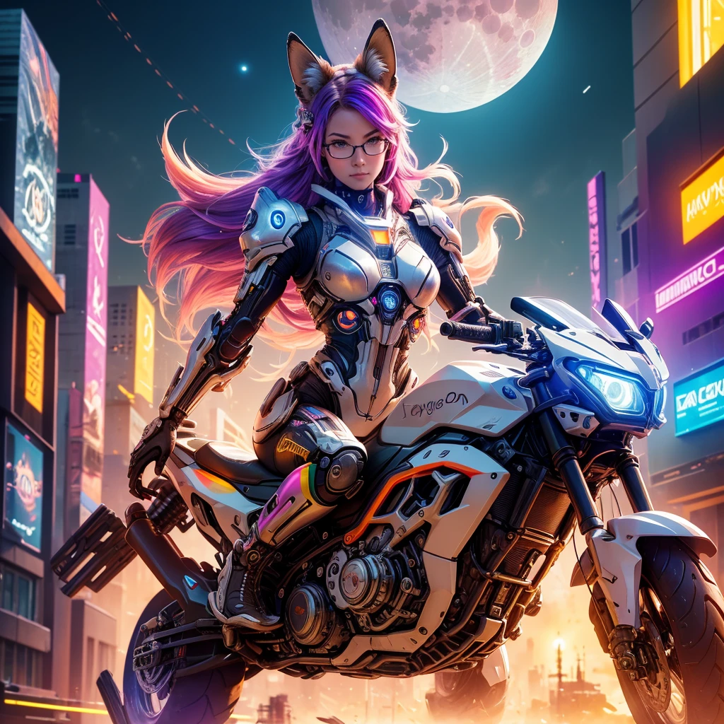 a highly detailed cyborg fox, a girl with glasses riding the cyborg fox, holding a gun, close-up shot, (rainbow-colored moon:1.2), futuristic city downtown, masterpiece, best quality, hyper-detailed, photorealistic, vibrant colors, dramatic lighting, cinematic composition