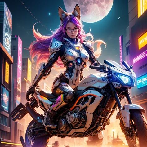 a highly detailed cyborg fox, a girl with glasses riding the cyborg fox, holding a gun, close-up shot, (rainbow-colored moon:1.2...