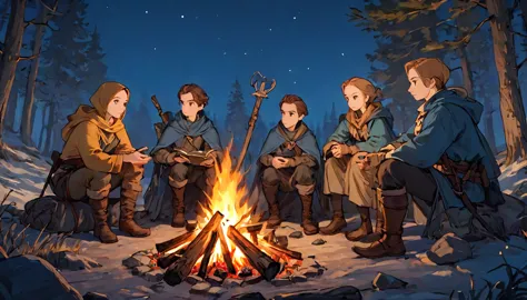 fantasy adventurers in the middle of the night around a campfire,game art style, (masterpiece), highest quality, high resolution...