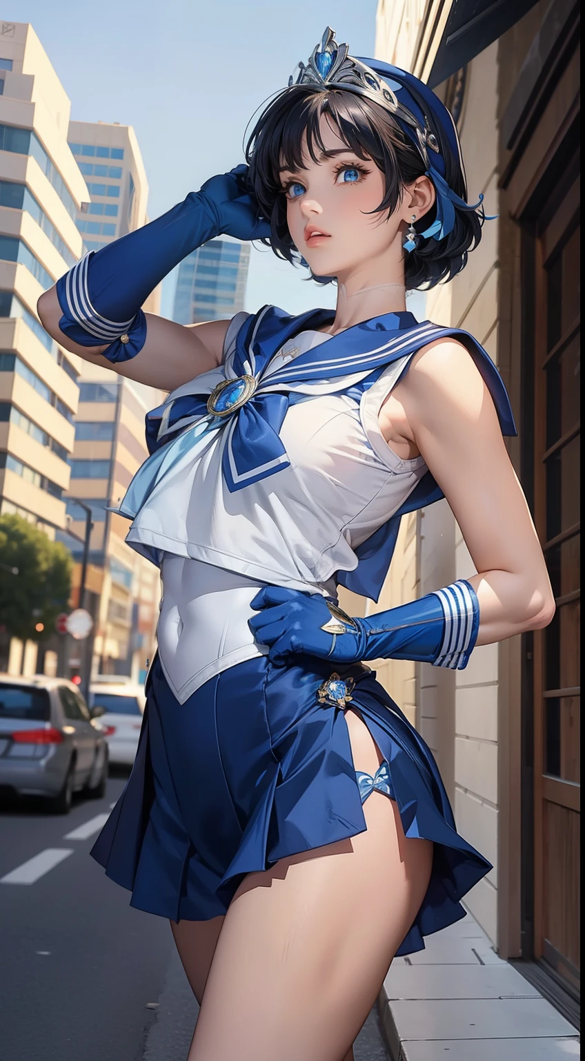 masterpiece, Highest quality, Absurd, Perfect Anatomy, One person,chest,gloves,lips,alone, Sailor Mercury,blue eyes,uniform,Mel 1,tiara,Sailor Warrior Uniform,masterpiece,Absurd,Cowboy Shot, Dynamic posture, Outdoor, city, One person,