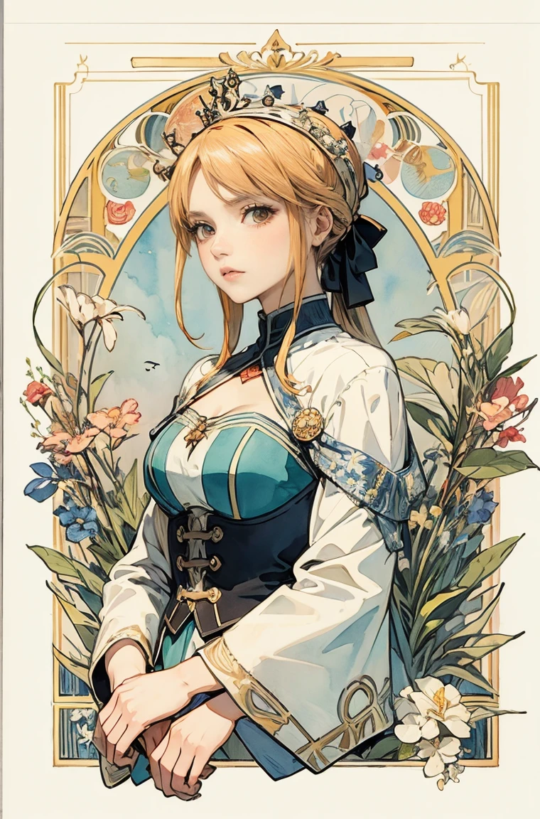 ((master piece)), (best quality), (cinematic),  art nouveau watercolor , Floral_background, Intricate designs and patterns in the style of Alphonse Mucha，Artoria Pendragon，Fate/stay night